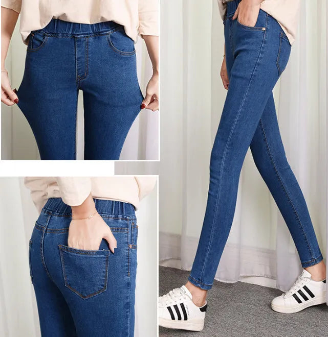 Jeans da donna per curve, pantaloni in denim elasticizzati con vita elasticizzata, controllo della pancia, jeans da mamma 4XL ouc551