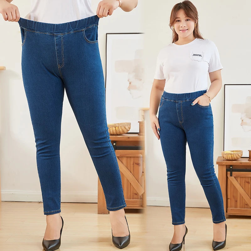 Jeans da donna per curve, pantaloni in denim elasticizzati con vita elasticizzata, controllo della pancia, jeans da mamma 4XL ouc551