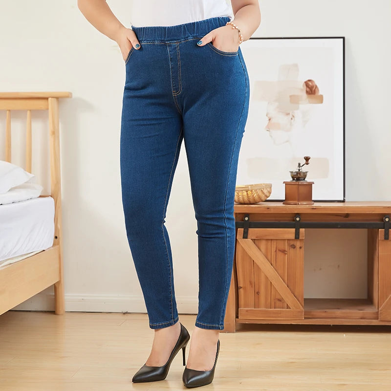 Jeans da donna per curve, pantaloni in denim elasticizzati con vita elasticizzata, controllo della pancia, jeans da mamma 4XL ouc551