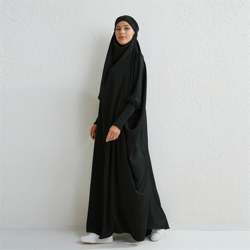Abito da preghiera musulmano Abaya con cappuccio e maniche a sbuffo, in un unico pezzo, Jilbab, abbigliamento islamico, Dubai, Arabia Saudita, abito nero, modestia turca