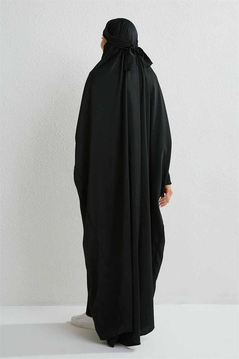 Abito da preghiera musulmano Abaya con cappuccio e maniche a sbuffo, in un unico pezzo, Jilbab, abbigliamento islamico, Dubai, Arabia Saudita, abito nero, modestia turca