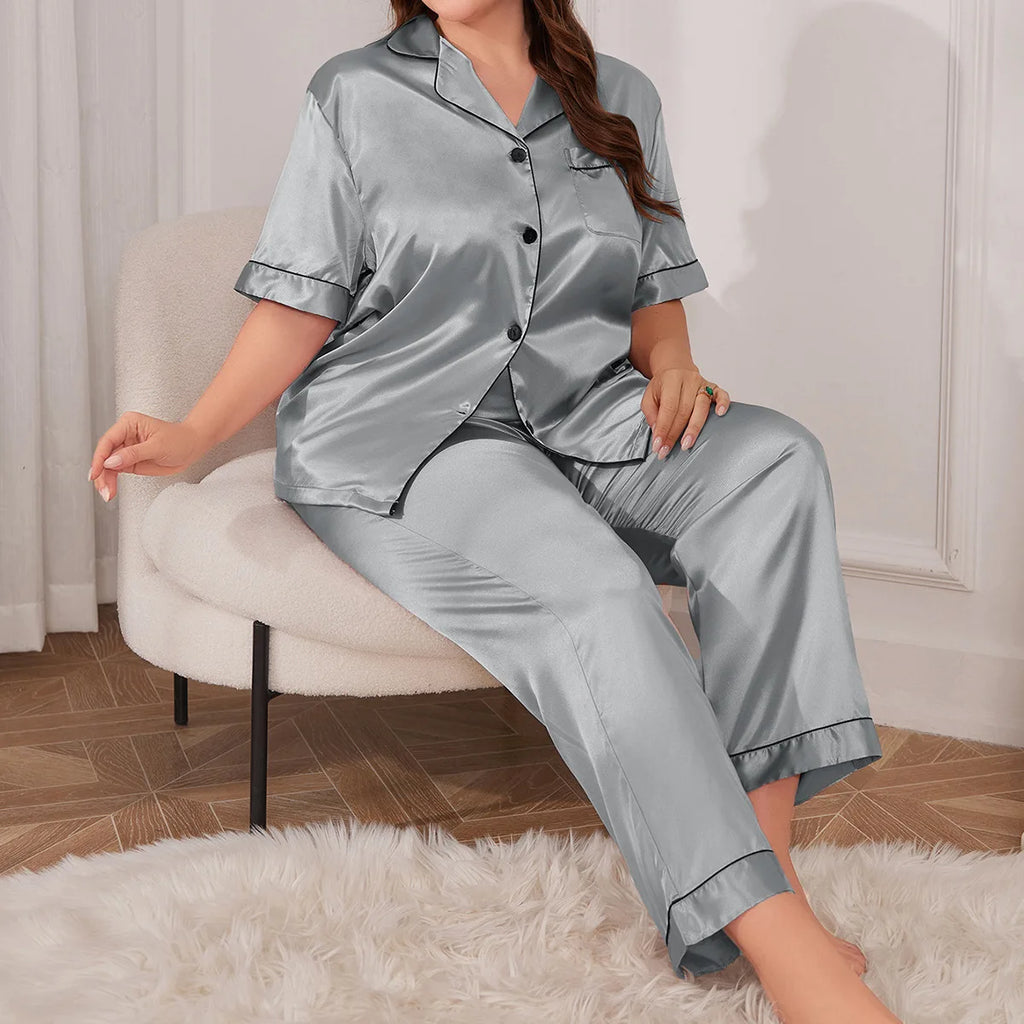 Pigiama da donna di grandi dimensioni, completo primavera estate in raso di seta, pantaloni, pigiama, completo casual ampio, 2 pezzi, camicia e pantaloni, abbigliamento da casa