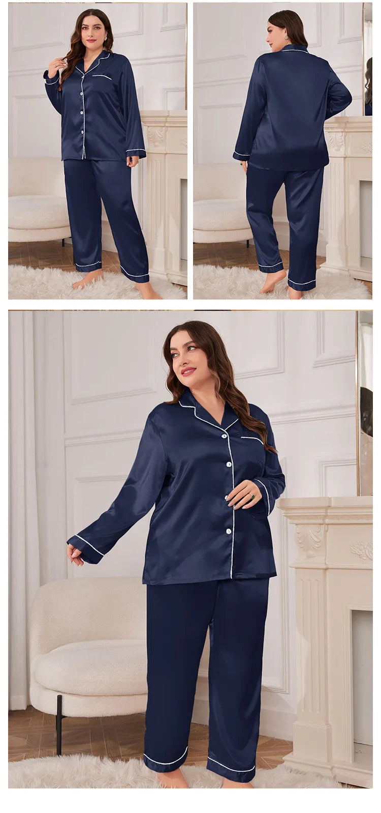 Pigiama da donna di grandi dimensioni, completo primavera estate in raso di seta, pantaloni, pigiama, completo casual ampio, 2 pezzi, camicia e pantaloni, abbigliamento da casa