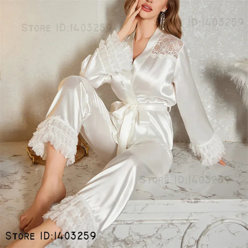Pigiama da sposa in seta bianca, sexy, in pizzo patchwork, da notte, con cardigan a maniche lunghe, completo pantalone, abbigliamento da casa