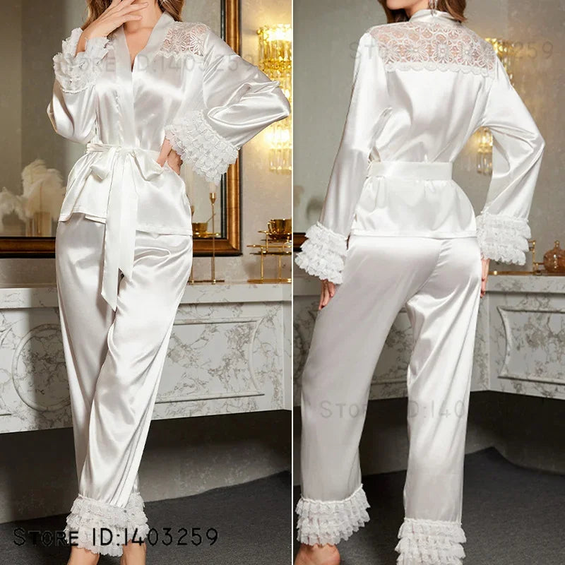 Pigiama da sposa in seta bianca, sexy, in pizzo patchwork, da notte, con cardigan a maniche lunghe, completo pantalone, abbigliamento da casa