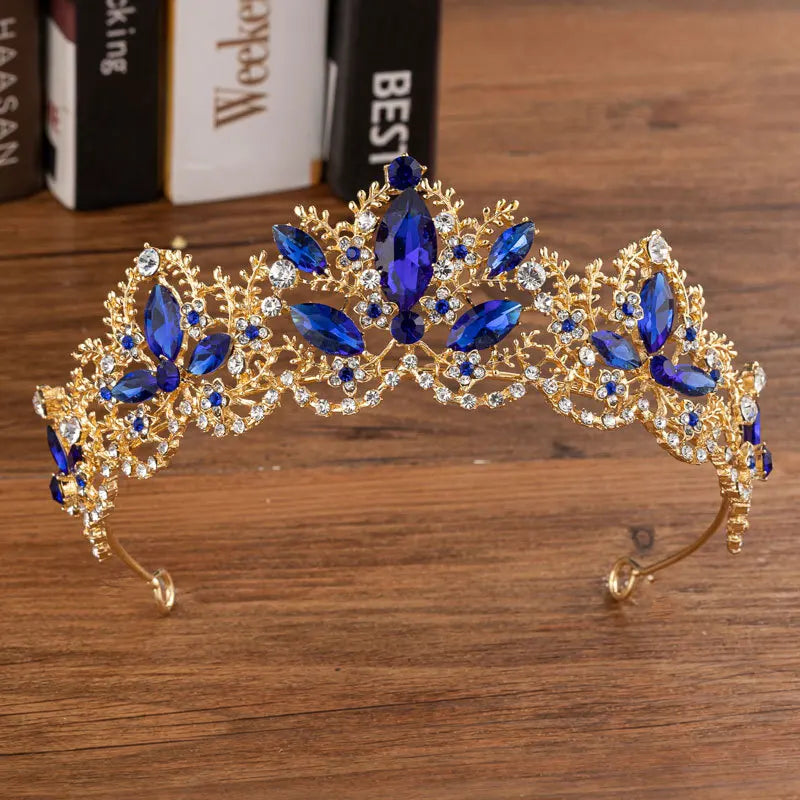 Set di gioielli da sposa in cristallo barocco color oro blu KMVEXO, diademi con strass, corona, orecchini, collana, gioielli da sposa a Dubai