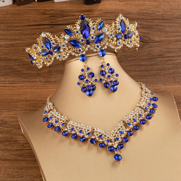 Set di gioielli da sposa in cristallo barocco color oro blu KMVEXO, diademi con strass, corona, orecchini, collana, gioielli da sposa a Dubai