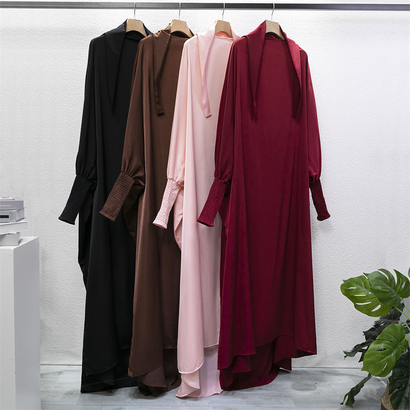 Abito da preghiera musulmano Abaya con cappuccio e maniche a sbuffo, in un unico pezzo, Jilbab, abbigliamento islamico, Dubai, Arabia Saudita, abito nero, modestia turca