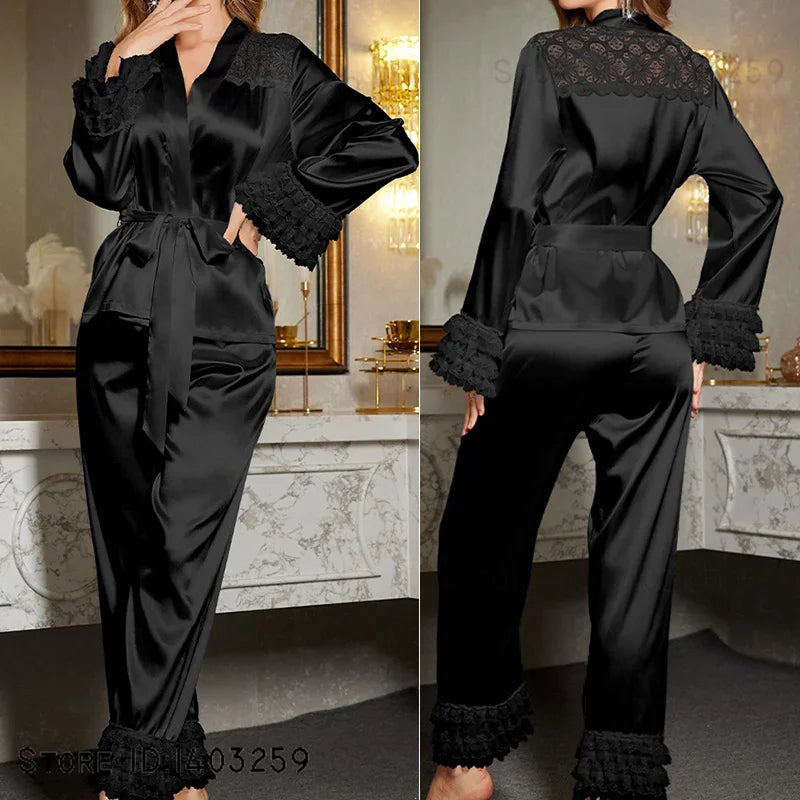 Pigiama da sposa in seta bianca, sexy, in pizzo patchwork, da notte, con cardigan a maniche lunghe, completo pantalone, abbigliamento da casa