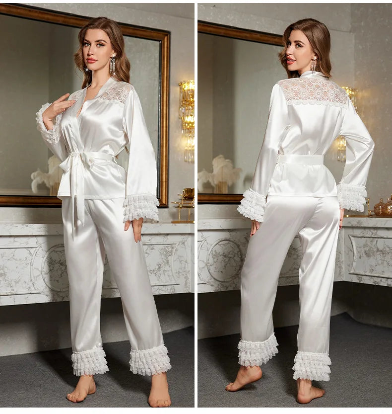 Pigiama da sposa in seta bianca, sexy, in pizzo patchwork, da notte, con cardigan a maniche lunghe, completo pantalone, abbigliamento da casa