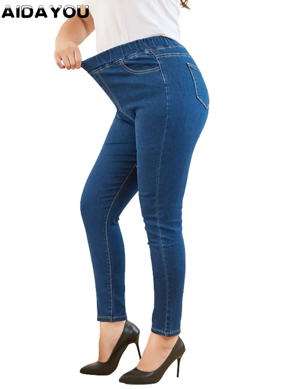 Jeans da donna per curve, pantaloni in denim elasticizzati con vita elasticizzata, controllo della pancia, jeans da mamma 4XL ouc551