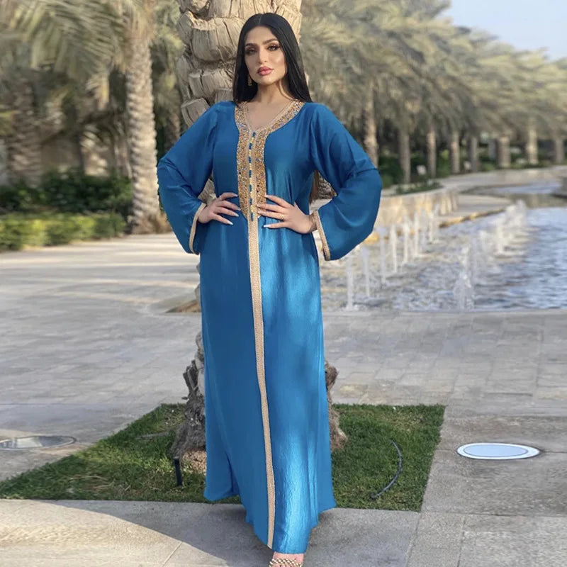 Abaya musulmana per le donne Dubai Jalabiya Abito lungo Abbigliamento islamico Abiti da sera Turchia Moda di lusso Diamante Kaftan Robe Femme