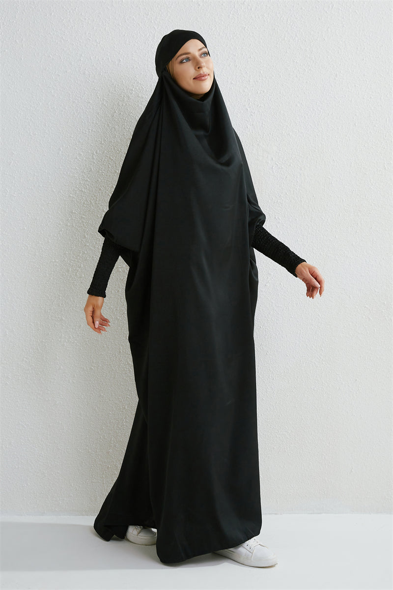 Abito da preghiera musulmano Abaya con cappuccio e maniche a sbuffo, in un unico pezzo, Jilbab, abbigliamento islamico, Dubai, Arabia Saudita, abito nero, modestia turca
