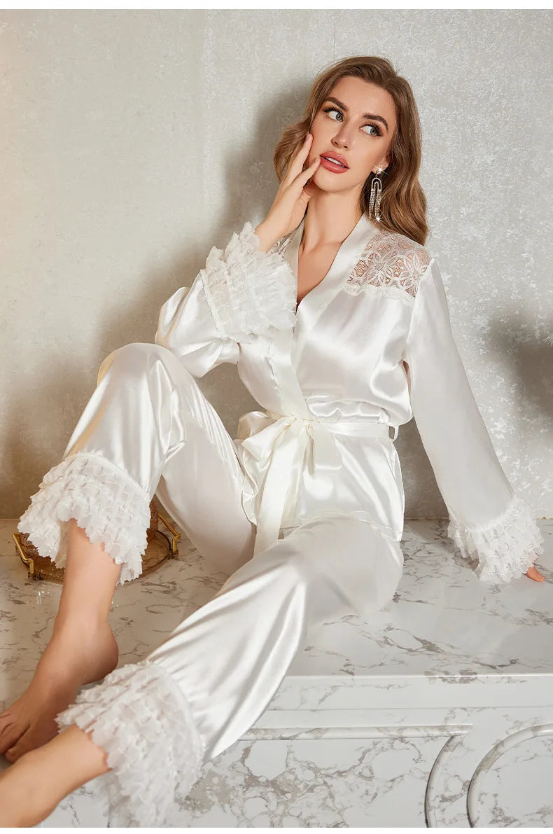 Pigiama da sposa in seta bianca, sexy, in pizzo patchwork, da notte, con cardigan a maniche lunghe, completo pantalone, abbigliamento da casa