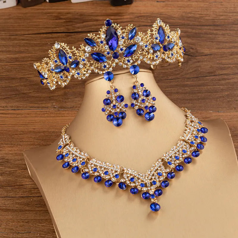 Set di gioielli da sposa in cristallo barocco color oro blu KMVEXO, diademi con strass, corona, orecchini, collana, gioielli da sposa a Dubai