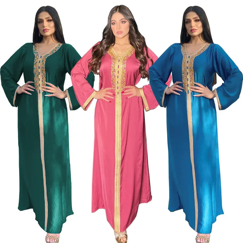 Abaya musulmana per le donne Dubai Jalabiya Abito lungo Abbigliamento islamico Abiti da sera Turchia Moda di lusso Diamante Kaftan Robe Femme