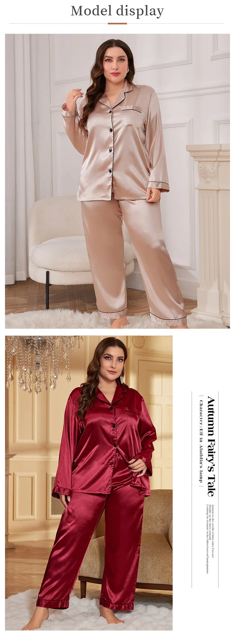 Pigiama da donna di grandi dimensioni, completo primavera estate in raso di seta, pantaloni, pigiama, completo casual ampio, 2 pezzi, camicia e pantaloni, abbigliamento da casa